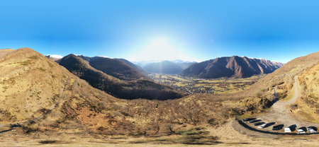 Aerial panoramic view of the Pyrenees chain from Bagneres de Luchon, in winter, in Haute Garonne,...