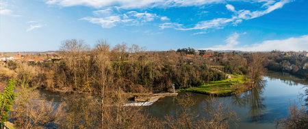Panorama of the Agout river in Lavaur, in the Tarn, in Occitanie, France