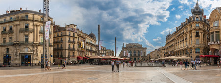 Comedy square with the theater and its classical facades, in Montpellier, Occitanie, Franceのeditorial素材