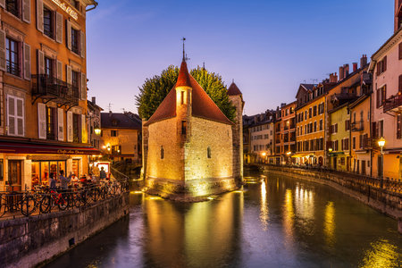 October 7, 2023: Palais de l'isle, on the Thiou river, in the evening, in Annecy, Haute-Savoie, Franceのeditorial素材
