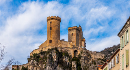 Medieval castle of Foix on a promontory, in Ariege, in Occitanie, Franceの写真素材