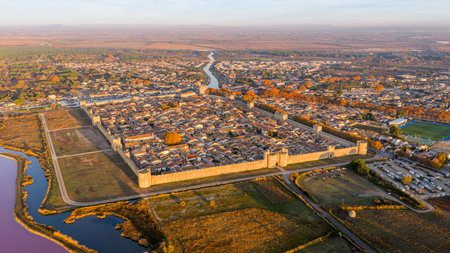 Aerial view of the medieval city of Aigues-Mortes at sunrise, in the Gard department, Occitanie region, Franceの写真素材