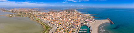 aerial panoramic view of the town of Saintes Maries de la Mer, in the Bouches du RhÃ´ne, in...