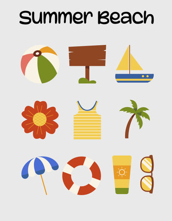 Summer beach icons set. Vector illustration in flat style.のイラスト素材