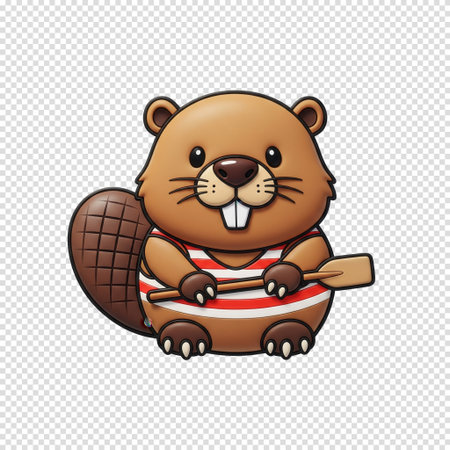 Cute Beaver Cartoon Character Holding A Paddle On Transparent Background For Illustrationの素材