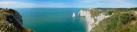 Panoramic view of the cliffs and needle of Etretat in Normandy, Franceの写真素材
