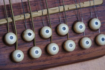 12-string electro-acoustic guitar, bridge detail, violin