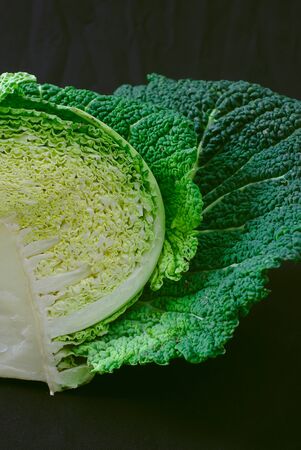 texture of the heart of a green cabbage close-upの写真素材