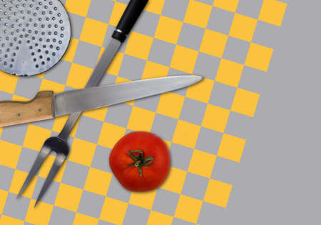 kitchen utensils isolated on gray and yellow background. Spoon, knives, fork
