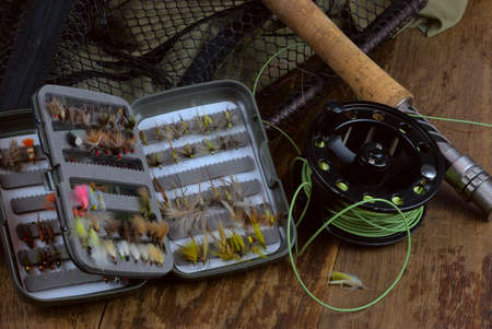 close-up dry fly fishing tackle and accessoriesの写真素材