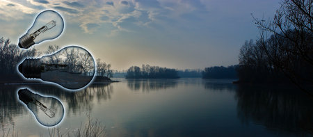 hydropower themed illustration. Blue color with a lake in the background and light bulbs in...