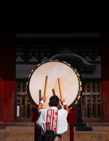 A man performs traditional Japanese drum.の写真素材