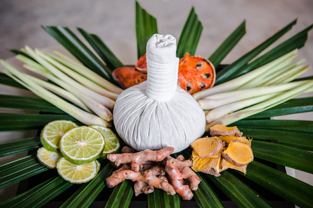 Thai herbs - Thai spa ingredient - lemongrass, bergamot, indian bael, turmeric, pandan, zingiber cassumunarの写真素材