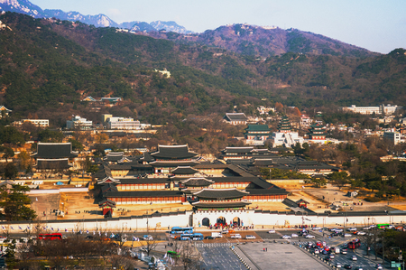 Aerial view of Gyeongbok palace,  Seoul, South Koreaのeditorial素材