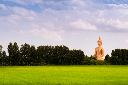 Great Buddha Statue, with rice field in foreground. Ang Thong province, Thailandの写真素材