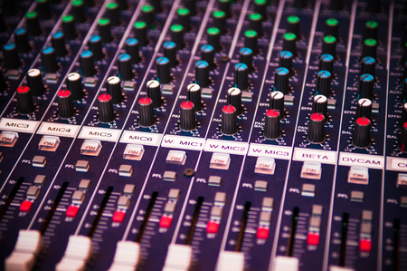 Sound mixer board close up shot. Horizontal.