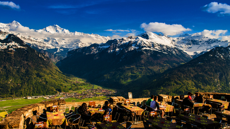 Aerial view of Interlaken and Swiss Alps from Harder Kulmの写真素材
