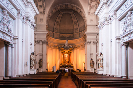 May 8, 2016 Geneva, Switzerland : Main hall interior of Eglise Sainte-Croix, 17th century Cathoric Church in Carouge city, Geneva, Switzerland.のeditorial素材