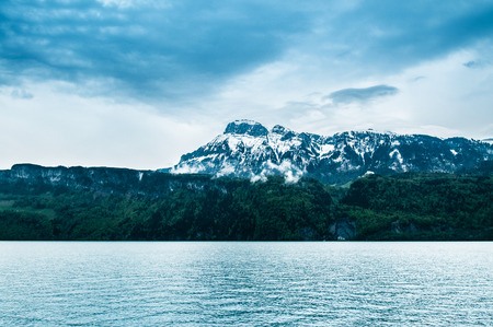 Lake Lucerne in rainy day, Beckenried - Vitznau, Lucerne, Switzerlandの写真素材