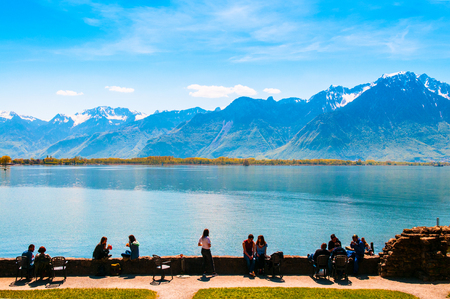MONTREUX, SWITZERLAND - MAY 06, 2016 : Lake Geneva at Chillon castle in Montreux, Switzerlandのeditorial素材