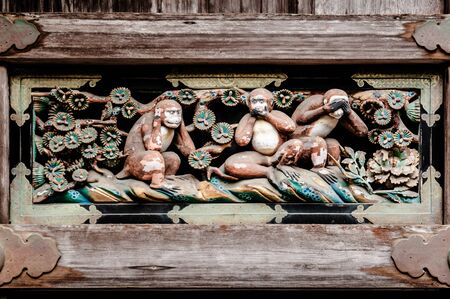 Wooden three wise monkeys of Nikko Toshogu Shrine, Tochigi, Japanの写真素材