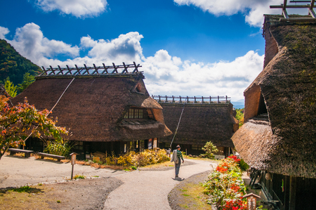 Old Japanese thatched house at Saiko Iyashi no Sato Nenba, Yamanashi, Japanの写真素材