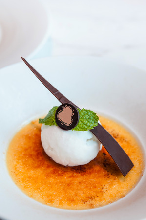Creme Brulee and lemon sorbet ice cream with chocolate stripの写真素材