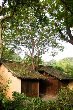 AUG 18, Hangzhou, China : Chinese old country house in the wood near Lingyin Temple, Hangzhouのeditorial素材