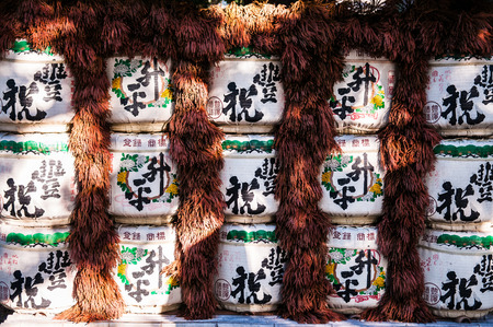 OCT 31, 2011 Nara, JAPAN : Japanese Sake rice wine barrels were keep at Yakushiji temple.