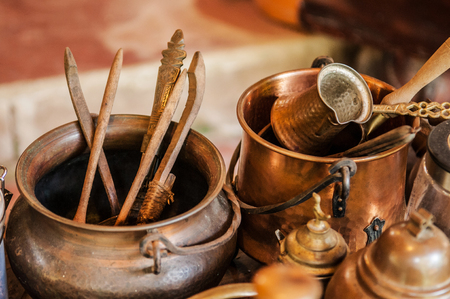 beautiful Copper, Brass old vintage tea pots and jarsの写真素材