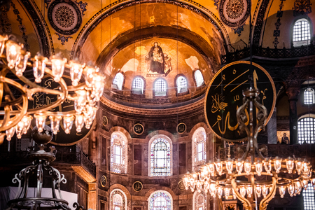 DEC 31, 2017 Istanbul, TURKEY : Beautiful extrodinary interior details of Hagia Sophia, ancient fresco-secco painting.のeditorial素材