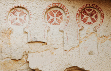 JAN 3, 2018 Goreme, Nevsehir, Turkey : Antique Fresco painting on a wall of cave church at Goreme Open air museumのeditorial素材