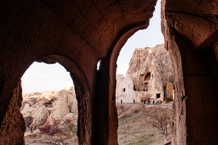 Exotic ancient Nunnery inside volcanic rock landscape at Goreme Open air museum, Cappadocia, Turkeyのeditorial素材