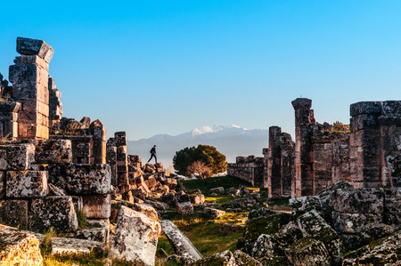 JAN 1, 2018 Pamukkale, Denizli, Turkey : Ruins of ancient Hierapolis with tourist Pamukkale, Denizili, Turkeyの写真素材