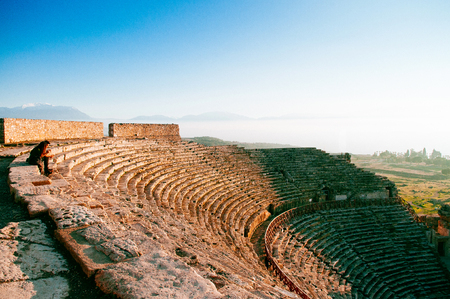 JAN 1, 2018 Pamukkale, Denizli, Turkey : Ruins of ancient Hierapolis Amphi theatre with tourist Pamukkale, Denizili, Turkeyのeditorial素材