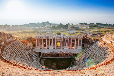 Ruins of ancient Hierapolis Amphi theatre with tourist Pamukkale, Denizili, Turkeyの写真素材