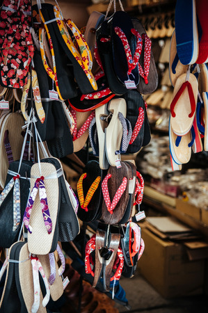 Traditional Japanese sandals Zori at local shoes shop in Shinagawa district, Tokyo