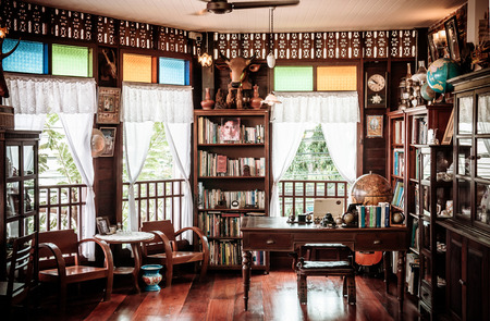MAR 1, 2018 Uthaithani - Thailand : Rustic wooden vintage furniture country house interior concept decoration for Thai style houseのeditorial素材