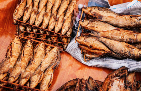 MAR 2, 2018 Uthaithani, THAILAND : Dried smoked fish in Local Thailand morning market a traditional fish shop, Top viewのeditorial素材