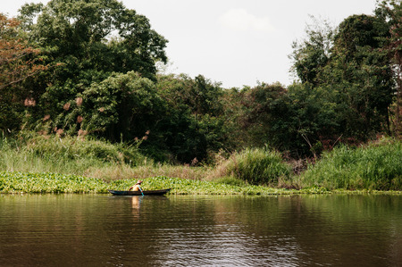 MAR 2, 2018 Uthaithani - THAILAND : Asian fisherman on wooden longtail boat in nature river in morning or evening with warm sunlight and forest backgroundのeditorial素材