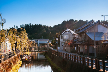 DEC 11, 2012 Katori, Chiba, JAPAN - Old vintage wooden Japanese house and Onagawa river in Sawara village, famous Edo old town near Tokyo.のeditorial素材