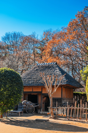 DEC 12, 2012 Chiba, JAPAN - Old traditional Edo thatched roof house at Boso No Mura Open air museum, Edo town ancient villageのeditorial素材