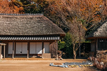 DEC 12, 2012 Chiba, JAPAN - Old traditional Edo thatched roof house at Boso No Mura Open air museum, Edo town ancient villageのeditorial素材