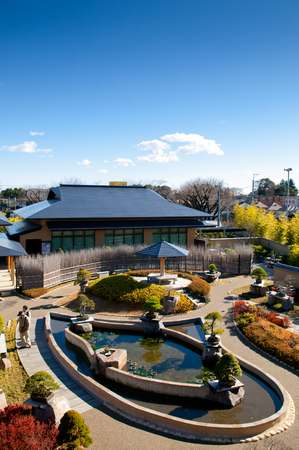 DEC 10, 2012 Omiya, Saitama, JAPAN - Japanese Omiya Bonsai Museum zen garden in Bonsai village shot from high angle view of landscape and pondのeditorial素材