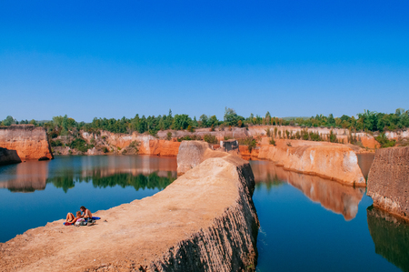DEC 18, 2012 Chiang Mai, Thailand - Chiang mai grand canyon tourist famous cliff jumping spot with red cliff and blue water, travel in thailandのeditorial素材