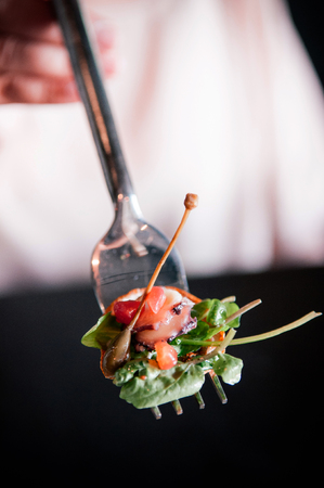 Fresh octopus carpacio with spinach salad pesto balsamic dressing on silver fork close up shotの写真素材