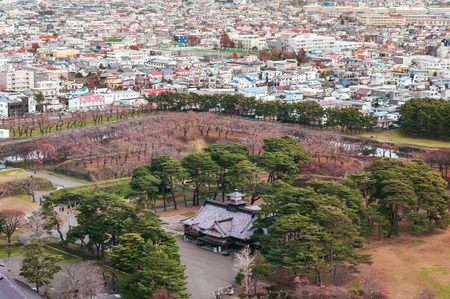 NOV 22, 2013 Hokkaido, JAPAN - Hakodate City and Goryokaku castle tower, aerial view with mountain...