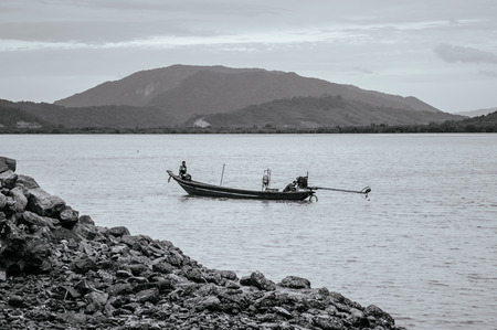 JUN 16, 2018 Nakhon Si Thammarat, THAILAND - Beautiful bay of southern Thailand, Fishing boat in Khanomのeditorial素材