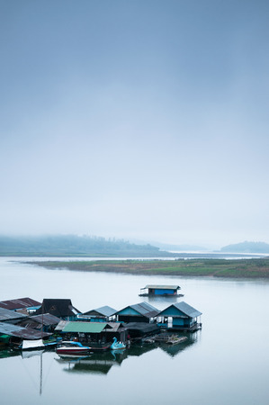 landscape of floating village raft houses in Sangkhlaburi, Kanchanaburi, Thailandの写真素材