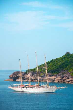 Phang Nga - Phuket, Thailand - High angle view of Similan island and luxury cruise ship Andaman sea.